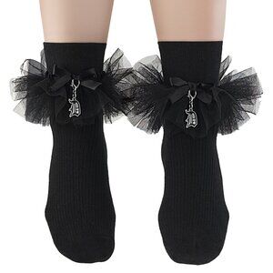 Gothic Lolita Black Ruffle Tulle Socks with D Charm Accent